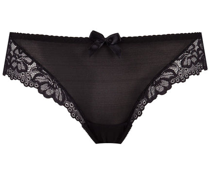Black microfiber bikini briefs with floral lace panels and a small satin front bow laid flat on a white background
