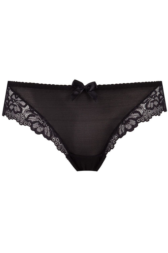 Black microfiber bikini briefs with floral lace panels and a small satin front bow laid flat on a white background