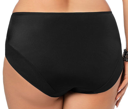 Curvy model seen from behind wearing a black stretch-knit bra and high-waisted briefs standing against a white background