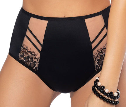 Woman wearing black high-waisted mesh and lace briefs standing front on against a white background with her hand resting by her side
