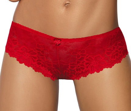 Female model standing front view wearing red sheer floral lace boyshort briefs against a plain white background