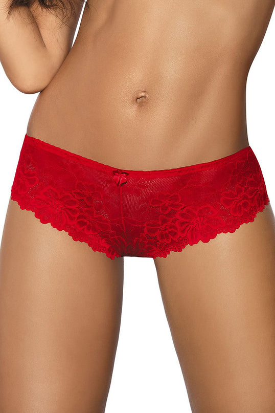 Female model standing front view wearing red sheer floral lace boyshort briefs against a plain white background