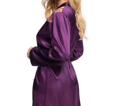 A model wearing a purple satin knee-length wrap robe with long sleeves standing in a three-quarter back pose against a white background