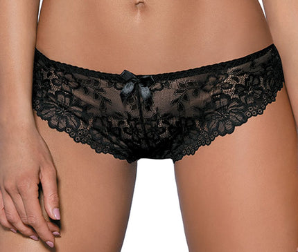 Female model standing front on wearing black lace low-rise hipster briefs against a white background