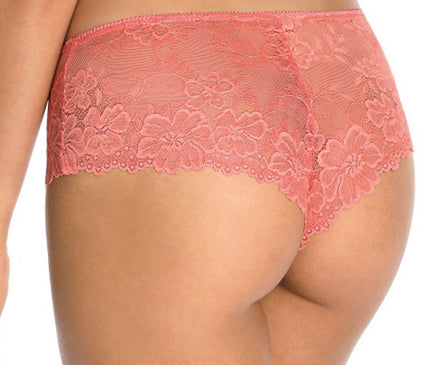 A female model in coral lace boyshort underwear shown from the back against a white background
