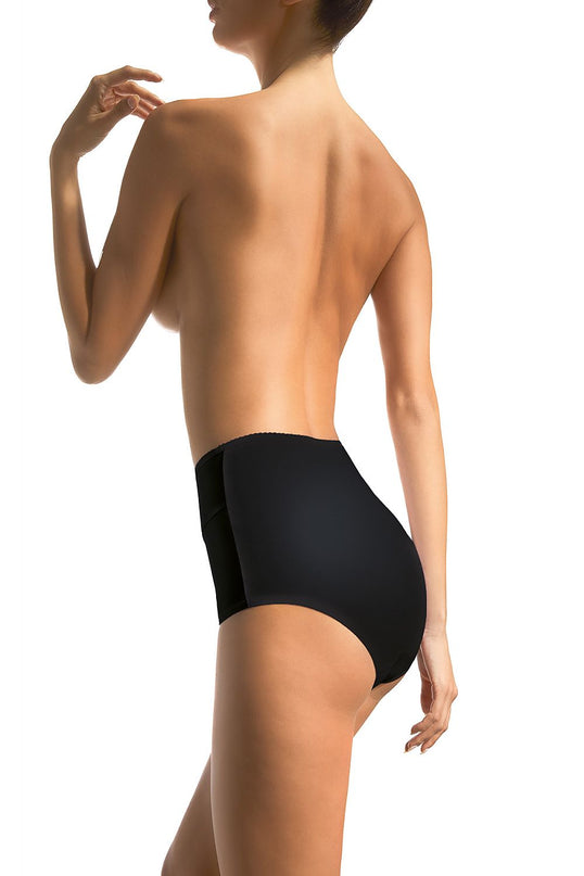 Female model in black high-waisted stretchy fabric briefs stands in a side-back pose against a plain white background