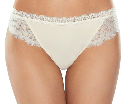 Female model stands wearing cream lace-trimmed jersey bikini briefs against a plain white background