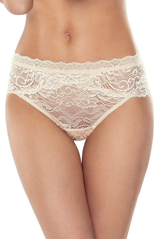 Female model standing facing front wearing cream lace mid-rise briefs against a white background