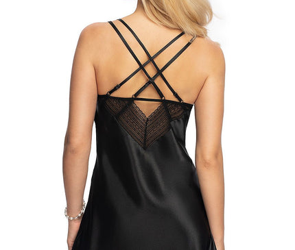 Female model seen from behind wearing a black satin slip dress with lace-trimmed V-back and criss-cross straps against a white background