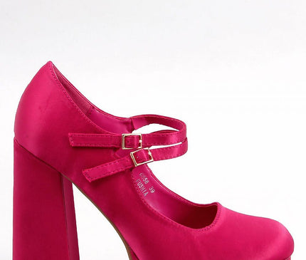 Platform satin fuchsia Mary Jane high heel shoe with double ankle straps shown in side profile against a white background