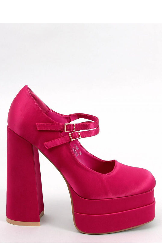 Platform satin fuchsia Mary Jane high heel shoe with double ankle straps shown in side profile against a white background