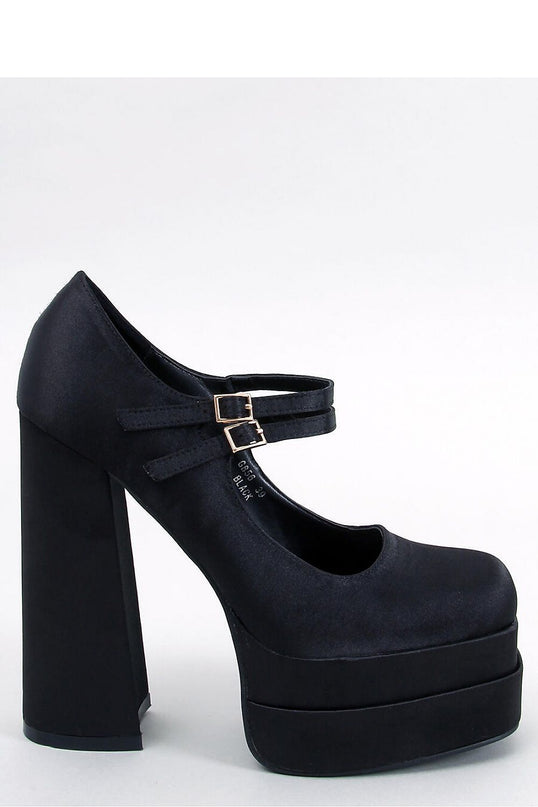 Black satin platform Mary Jane pump with double ankle straps and chunky block heel in side view on a white background