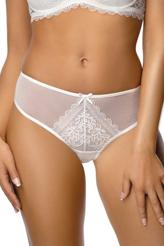 A female model stands against a plain white background wearing mid-rise white mesh and lace briefs with a triangular floral lace front panel and her hands resting by her sides