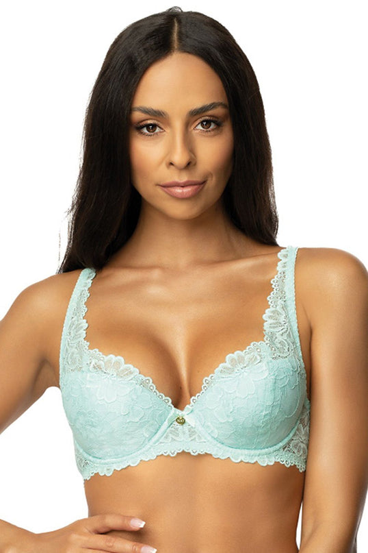 Model facing forward wearing a mint green lace balconette bra against a white background