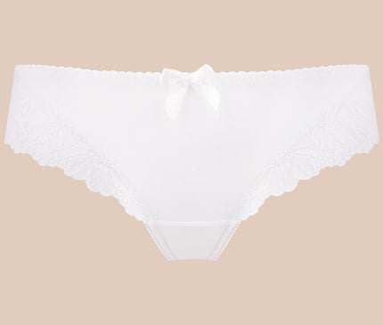 White low-rise lace-trimmed bikini briefs in smooth fabric displayed flat on a beige background
