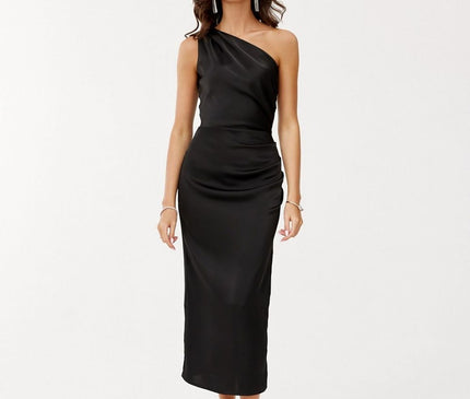 A female model stands facing forward wearing a black satin one-shoulder form-fitting midi dress against a plain white background