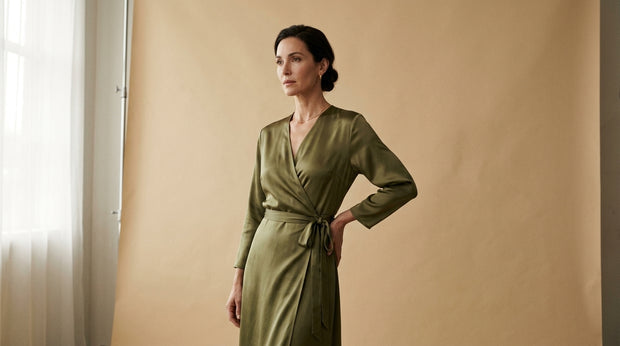 Woman wearing a green dress standing against a beige wall.