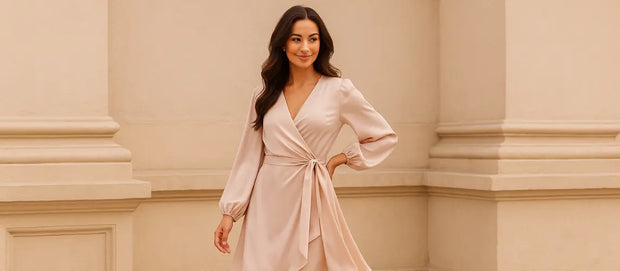 Woman in a light pink dress standing against a neutral background
