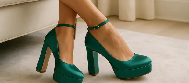 Green high-heeled shoes on a neutral background