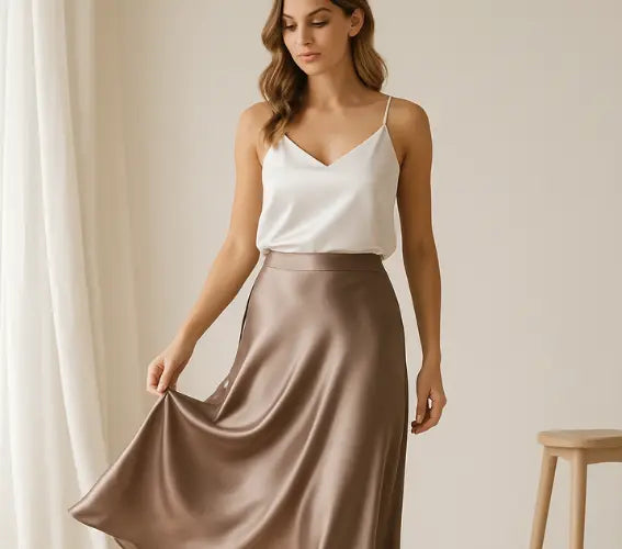 Woman wearing a white satin top and brown satin skirt in a minimalistic setting.